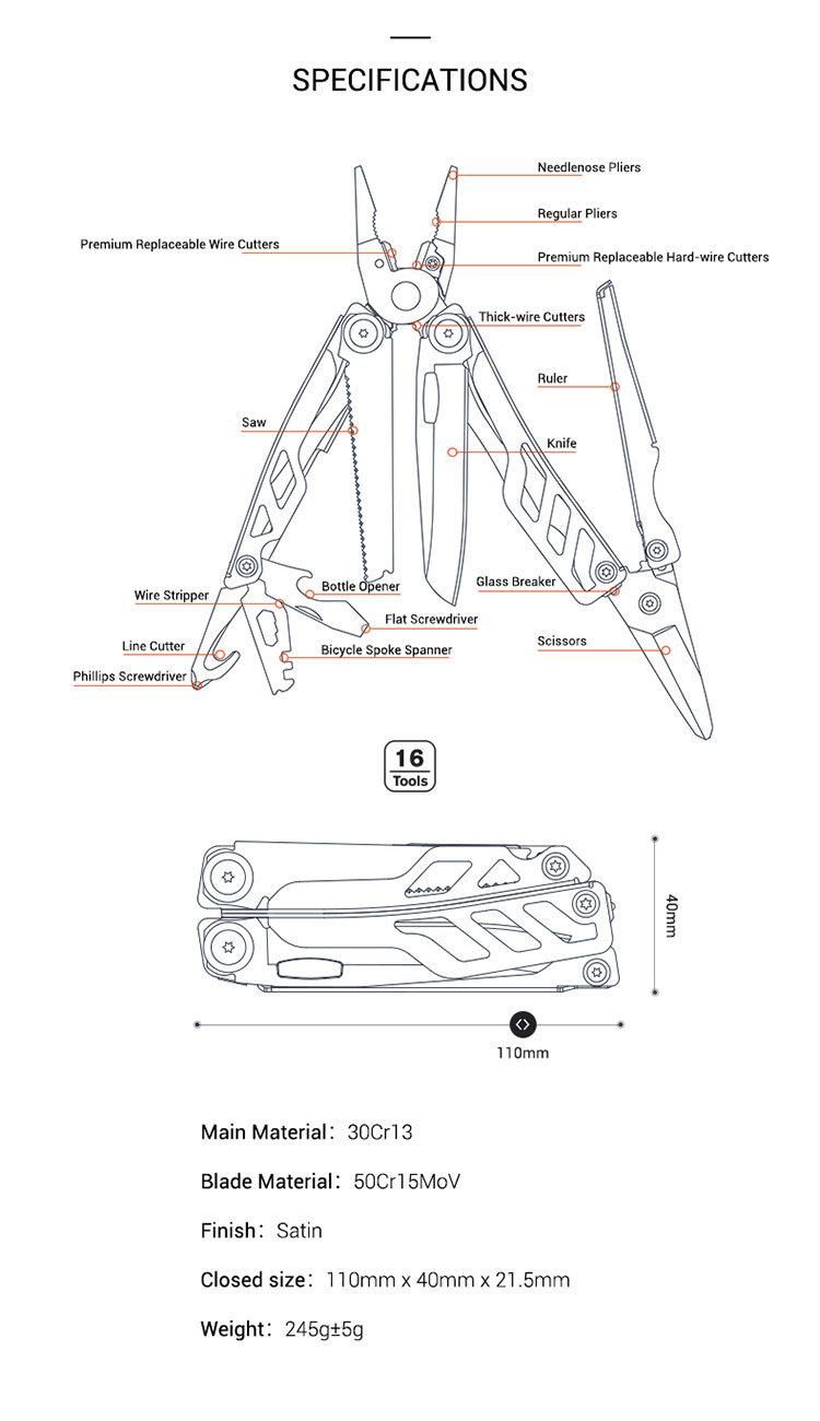 Nextool Stonewashed Multi Tool with 16 Functions Stainless Steel Pliers