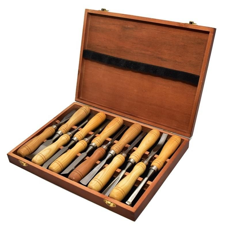 Wooden Carry Case with 12 PC Wood Handle Carving Chisel Tool Set