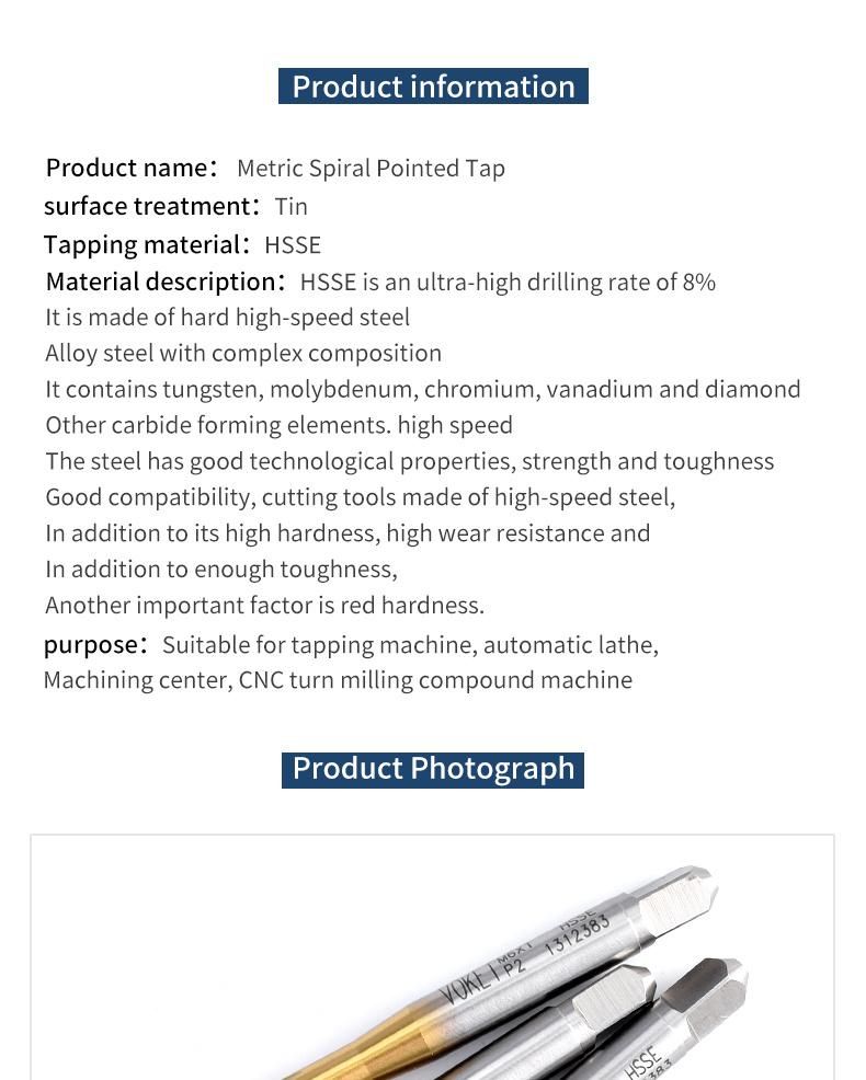 Hsse-M35 JIS with Tin Spiral Pointed Taps M2 M3 M4 M5 M6 M7 M8 M9 M10 M11 M12 Metric Machine Screw Thread Tap