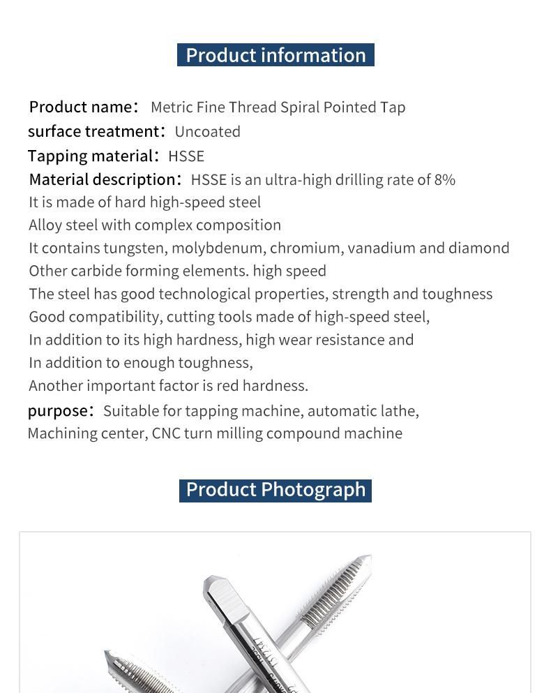 Hsse-M35 JIS Spiral Pointed Taps M11 M12 M13 M14 M15 M16 M18 M20 M22 Metric Screw Fine Thread Tap