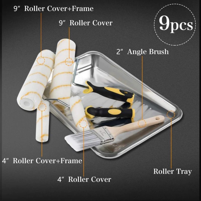 Construction Tool 9 Piece Paint Roller Set, 9 Inch+4 Inch Paint Rollers, with Cover, Frame, Tray and Brush for Wall Decorating Home DIY Improvement