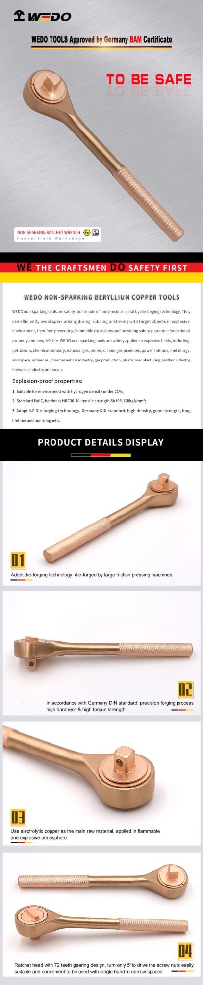 WEDO Beryllium Copper Spanner Non-Sparking Ratchet Wrench High Quality Spanner Bam/FM/GS Certified