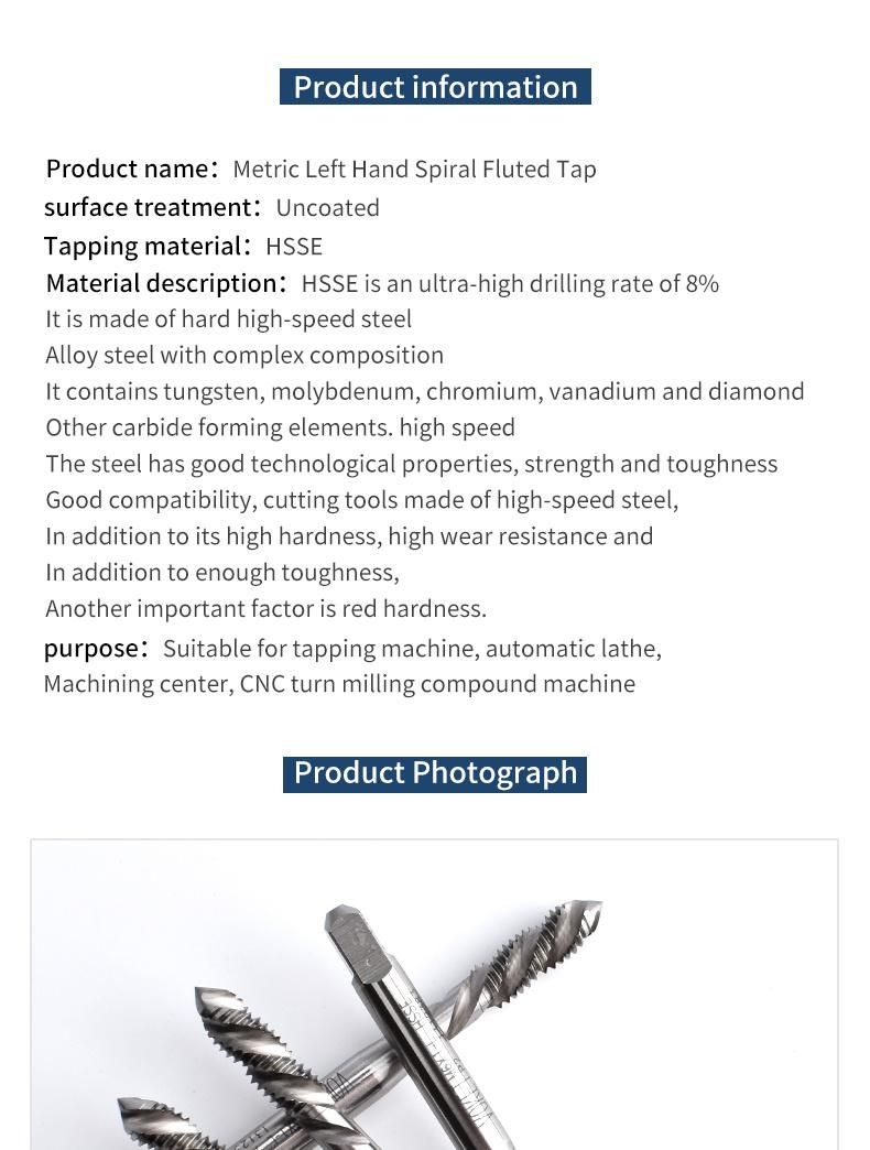 Hsse-M35 Left Hand Spiral Fluted Taps M2 M2.3 M2.5 M2.6 M3 M4 M5 M6 M7 M8 M9 M10 M12 M14 M16 Machine Screw Thread Tap