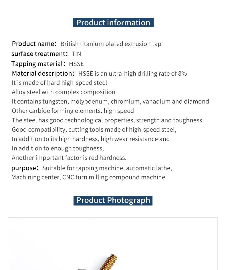 Hsse-M42 JIS with Tin Forming Taps W 1/8 5/32 3/16 7/32 1/4 5/16 3/8 7/16 1/2 Machine Screw Thread Tap