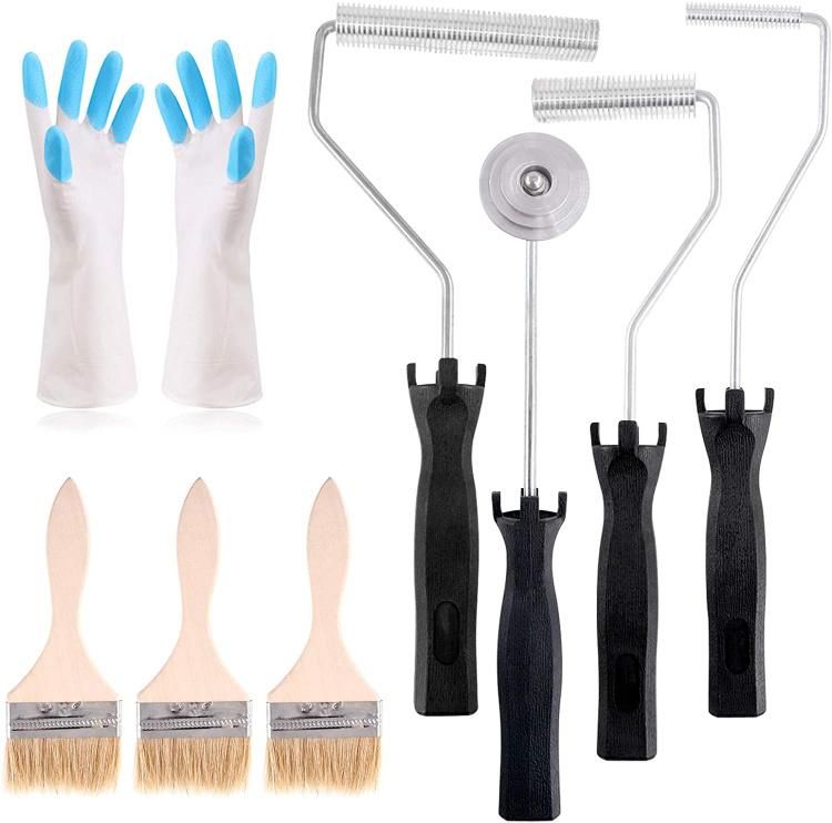 4PCS Fiberglass Roller Tools and 1PCS Detail Brushes with 1 Pair Glove Kit, Fiberglass Bubble Paddle Tool Laminating Paint Roller Kit