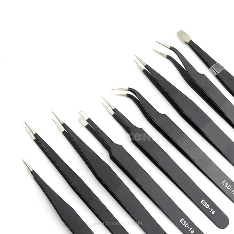 Stainless Steel Tweezers Pointed Elbow Head ESD Precision Tweezers 9PC Canvas Bag ESD Tweezers Set