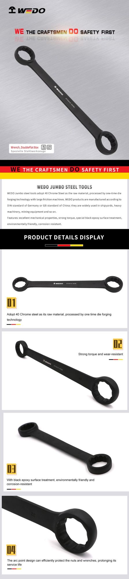 WEDO Jumbo Double Flat Box/Ring Wrench/Spanner Strong Torque DIN837 Standard 40 Chrome Steel