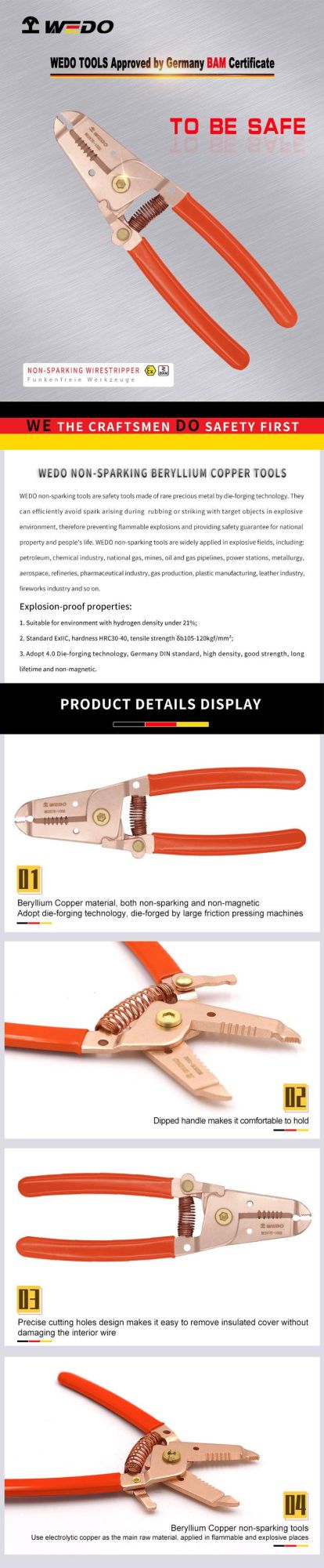 WEDO 6" High Quality Non-Sparking Pliers Beryllium Copper Wire Stripper Bam & FM Certificate