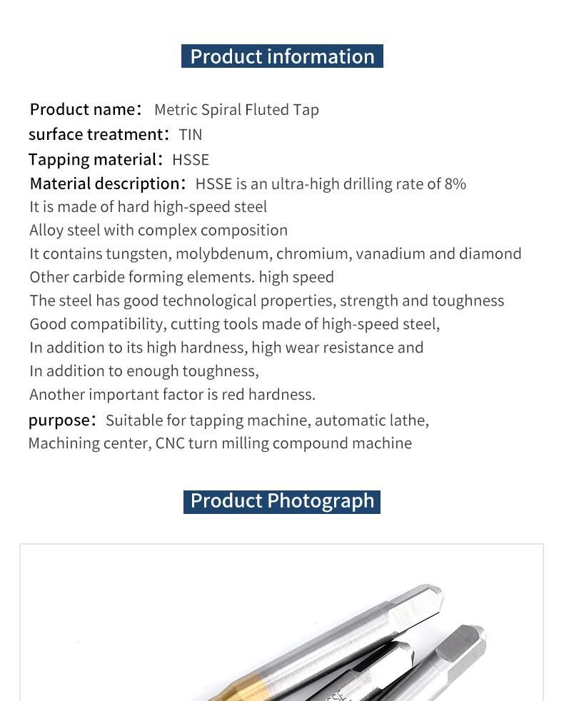 Hsse-M35 JIS with Tin Spiral Fluted Taps M13 M14 M15 M16 M18 M20 M22 Metric Thread Screw Tap