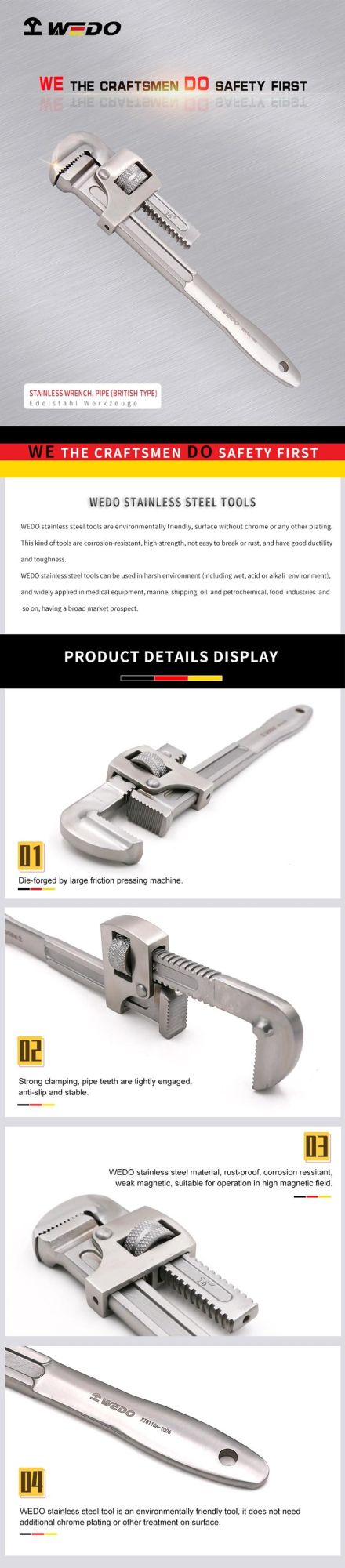 WEDO 10" Stainless Pipe Wrench Spanner (British Type) Stainless Steel Handle