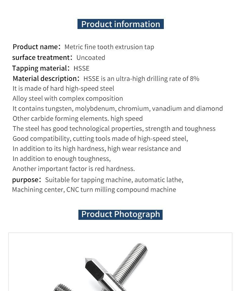 Hsse-M42 Forming Taps M1 M1.2 M1.4 M1.6 M1.7 M1.8 M2 M2.2 M2.5 M2.6 M3 M3.5 M4 M5 M6 Metric Machine Roll Screw Fine Thread Tap