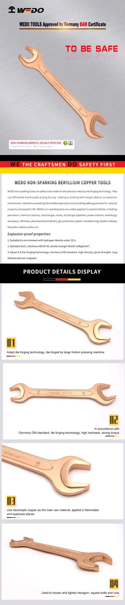 Wedo Beryllium Copper Alloy Non Sparking Double Open End Wrench