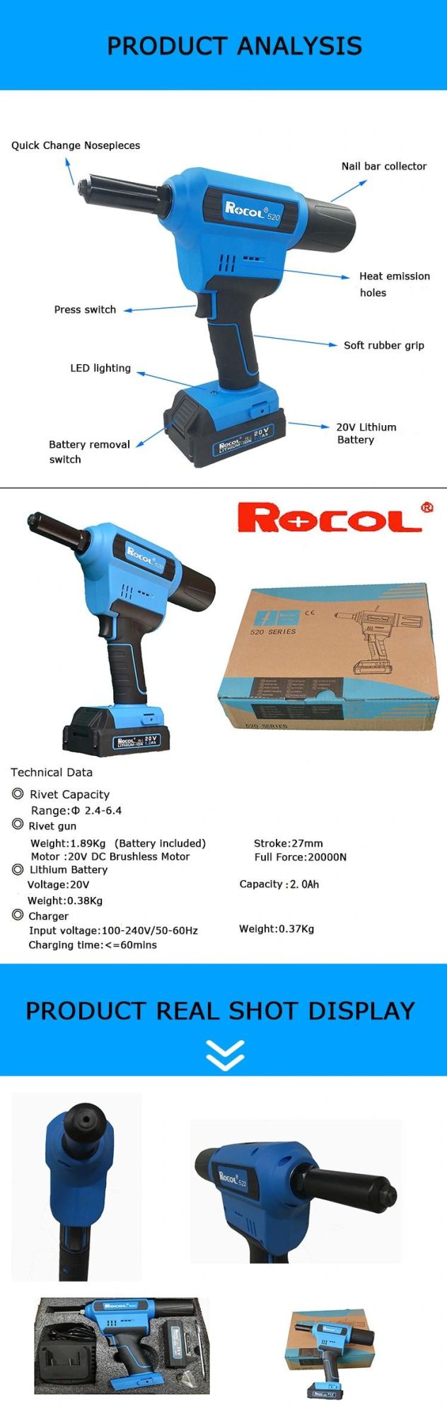 Rechargeable 2.4-6.4 Brushless Motor Lithium Rivet Tool