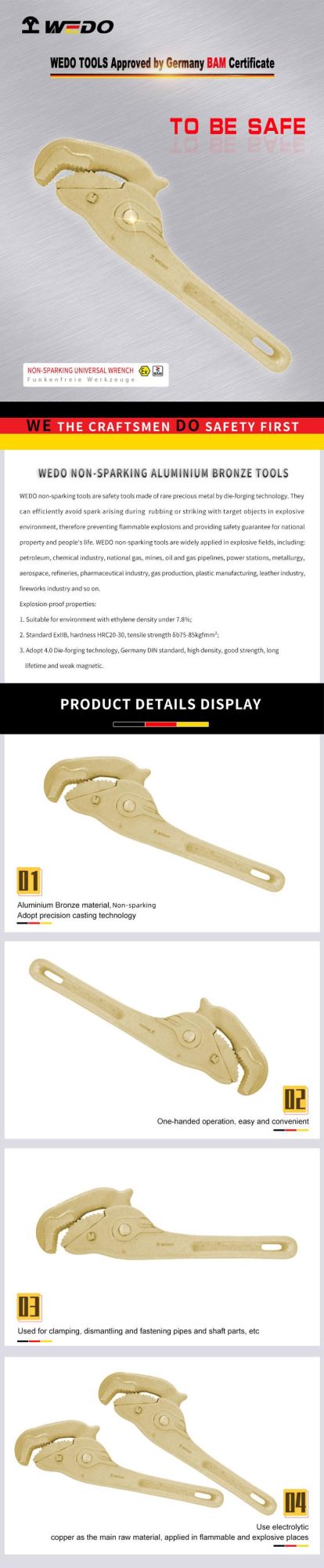 WEDO 10" 18" Aluminium Bronze Non-Sparking Universal Spanner Spark-Free Safety Wrench