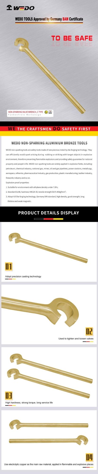 WEDO 24" Aluminium Bronze Non-Sparking Valve Wrench Spark-Free Safety C Type Spanner