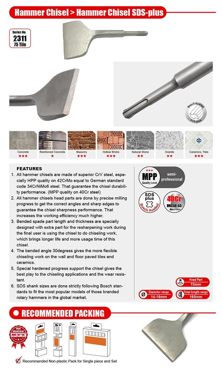 Premium Alloy Steel Bent Spade Head 75mm Wide Tile Chisel SDS Plus for Tile Ceramic Porcelain Slab Breakage