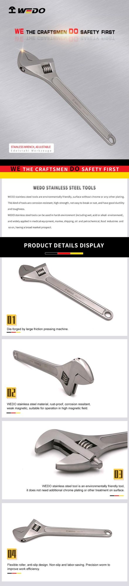 WEDO Stainless Steel Adjustable Wrench 304/316/420 Material Available