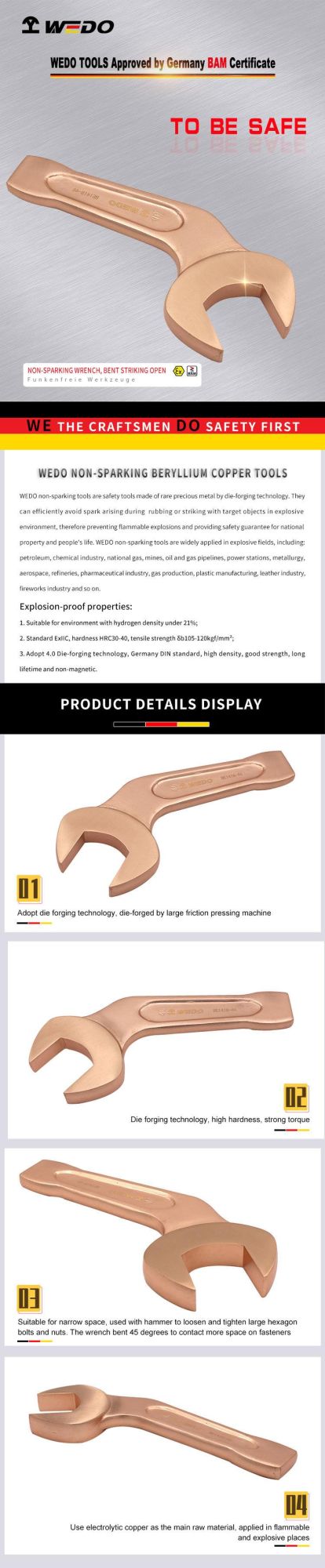 WEDO Beryllium Copper Wrench Non-Magnetic/Sparking 45 Degree Bent Striking/Slogging Open Spanner