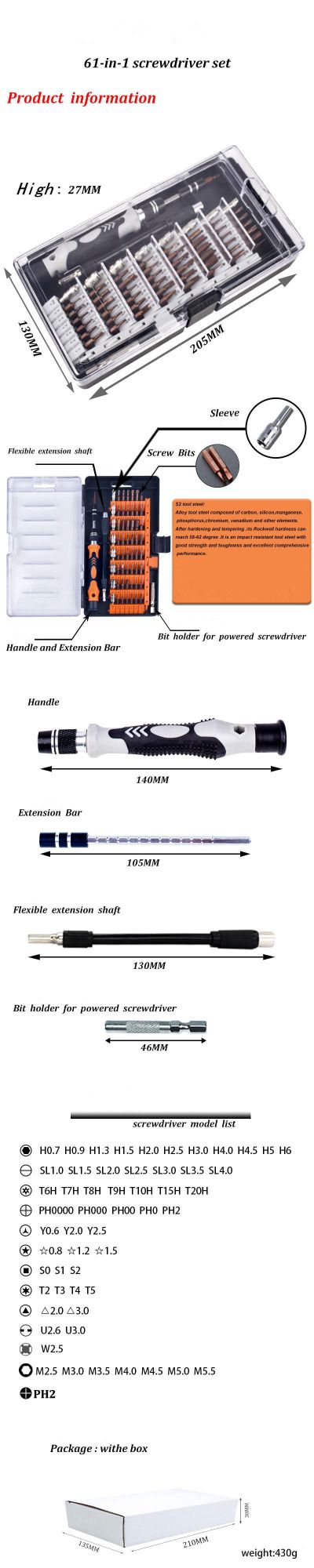 61 in 1 Watch Mobile Phone Disassembly and Repair Tool, Multi-Purpose S2 Tool Steel Screwdriver Set