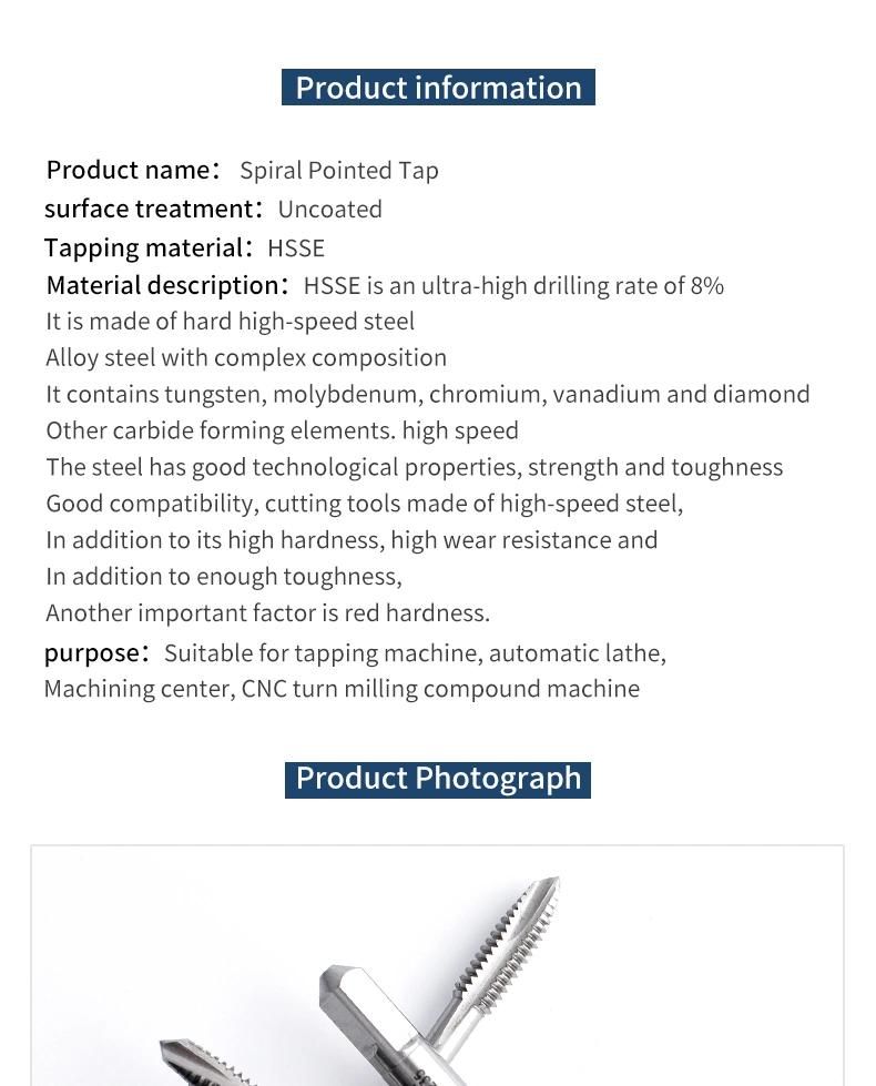 Hsse-M35 JIS Spiral Pointed Taps Unc 1-64 2-56 3-48 4-40 5-40 6-32 8-32 3/16 10-24 12-24 1/4 5/16 3/8 7/16 1/2 9/16 5/8 3/4 Machine Cutting Screw Thread Tap