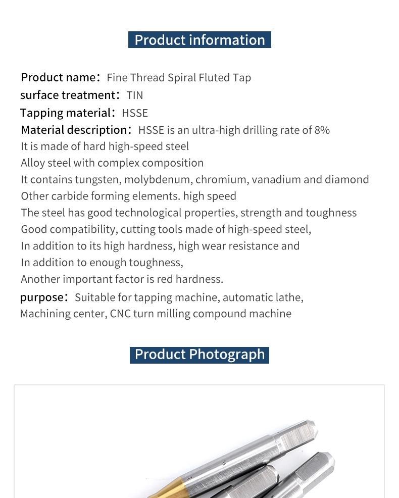 Hsse-M35 with Tin Spiral Fluted Taps Unf Uns 5/16 3/8 7/16 1/2 9/16 5/8 3/4 Machine Screw Fine Thread Tap