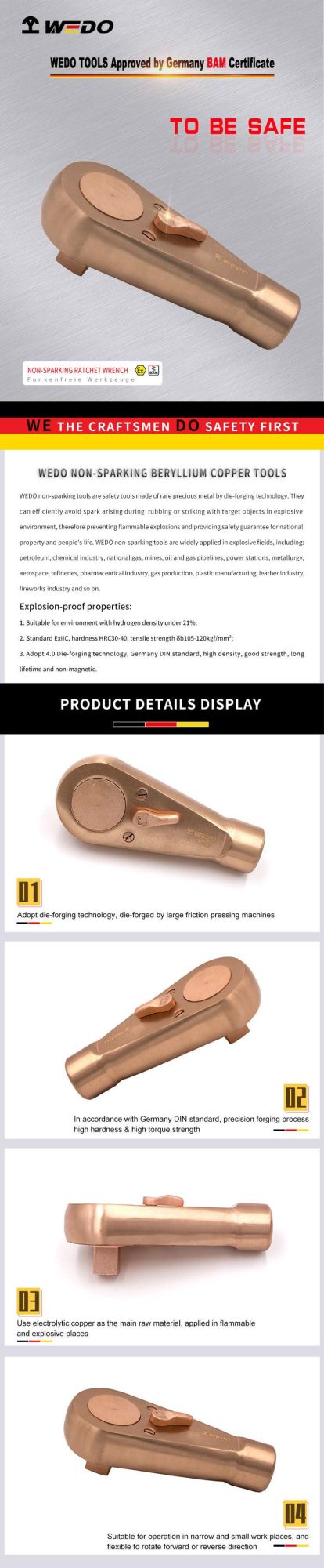 WEDO Beryllium Copper Spanner Non Sparking Ratchet Wrench High Quality Wrench Bam/FM/GS Certified