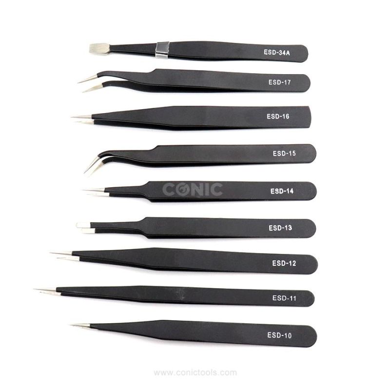 Stainless Steel Tweezers Pointed Elbow Head ESD Precision Tweezers 9PC Canvas Bag ESD Tweezers Set