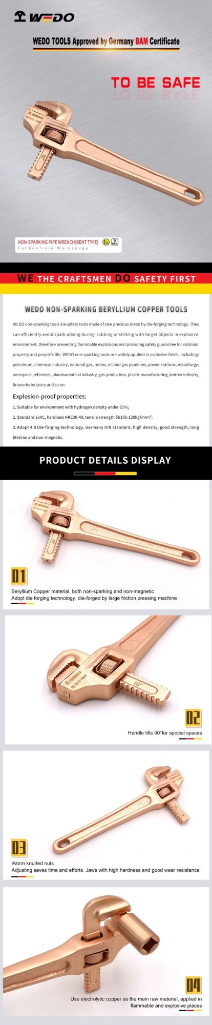 Wedo Beryllium Copper Alloy Non Sparking Bent Pipe Wrench