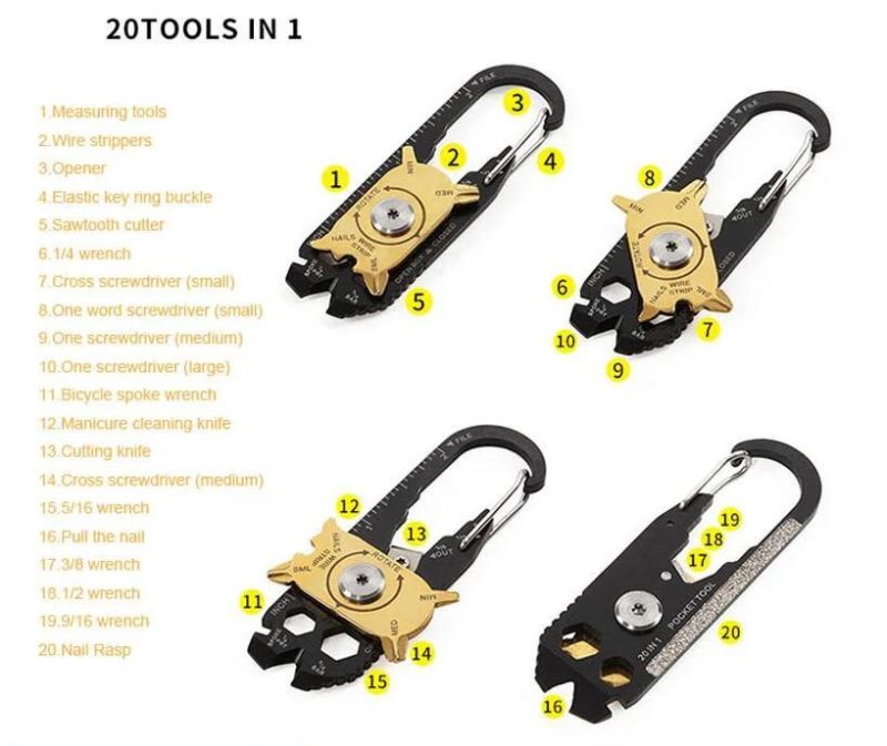 20 in 1 Multifunctional Outdoor Survival Camping Meta Card Buckle Tool