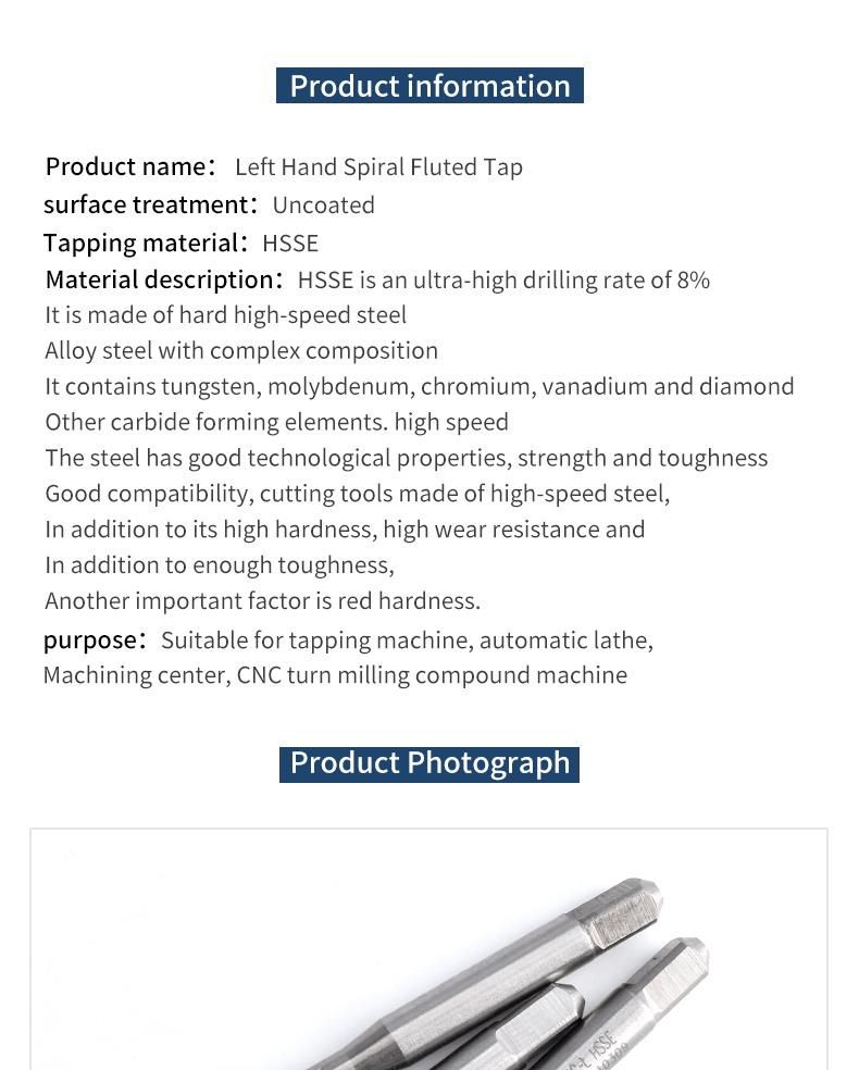 Hsse-M35 JIS Left Hand Spiral Fluted Taps Unc 4-40L 5-40L 6-32L 8-32L 10-24L 1/4 5/16 3/8 1/2 Machine Screw Thread Tap