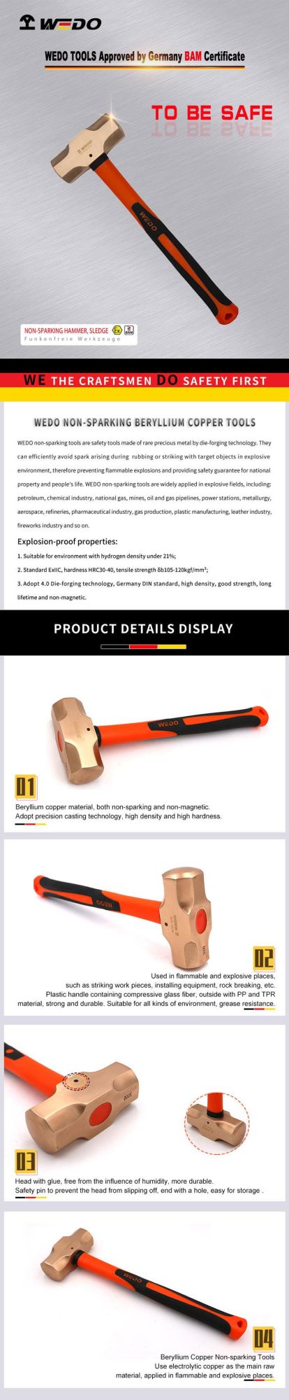 WEDO Non-Sparking Hammer Beryllium Copper Sledge Hammer Fiberglass Handle