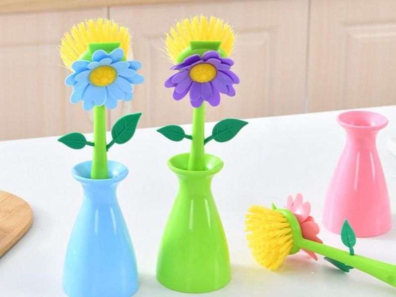 Multifunctional Flower Cleaning Brush Kitchen Plastic Cleaning Tool Dishwashing Brush Bottle Brush Pot Brush with Base