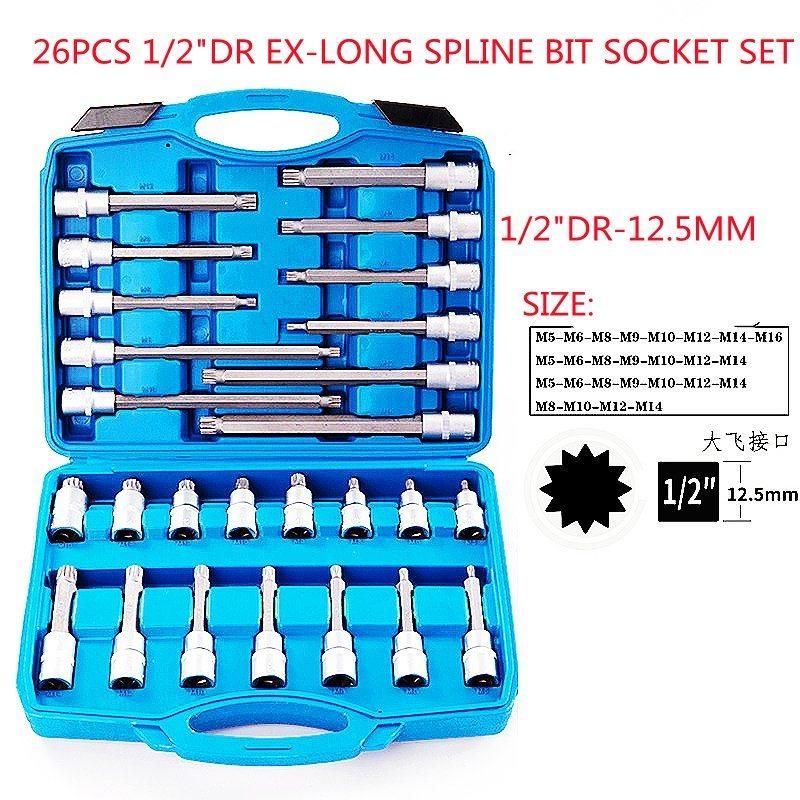 26PCS 1/2" Dr Professional Ex-Long Spline Socket Tool Set