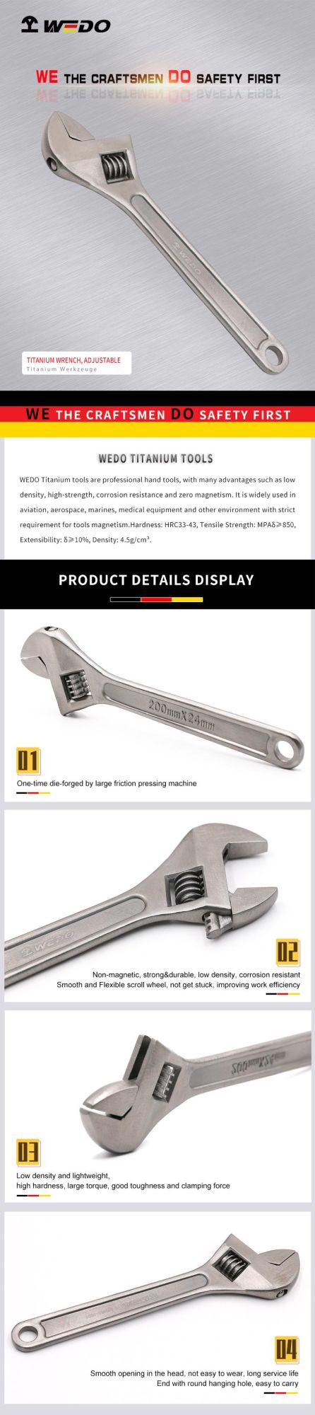 WEDO Titanium Wrench Light Weight Non-Magnetic Rust-Proof Corrosion Resistant Adjustable Spanner