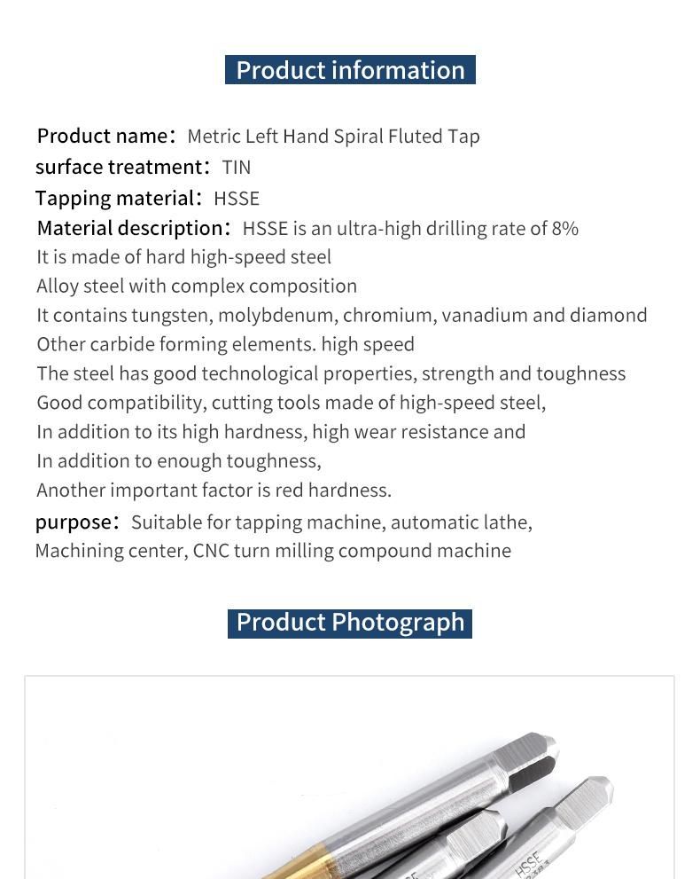 Hsse-M35 JIS Left Hand with Tin Spiral Fluted Taps Unc 4-40L 5-40L 6-32L 8-32L 10-24L 1/4 5/16 3/8 1/2 Machine Thread Screw Tap