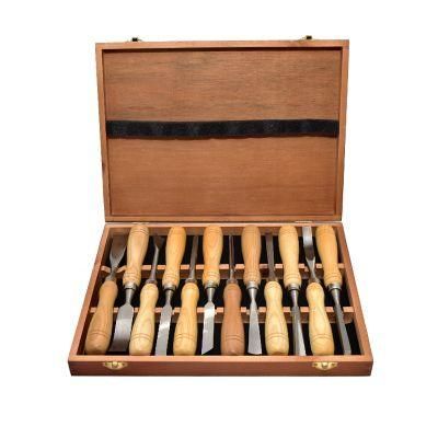 Wooden Carry Case with 12 PC Wood Handle Carving Chisel Tool Set