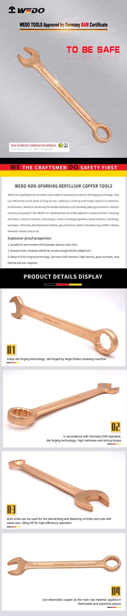 WEDO Hot Sale Wrench Beryllium Copper Non-Sparking/Magnetic Combination Spanner Metric & Imperial