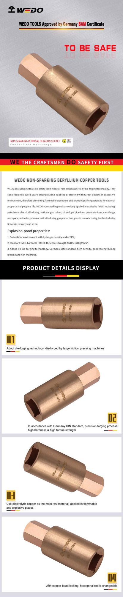 Wedo Non Sparking Beryllium Copper Internal Hexagon Socket