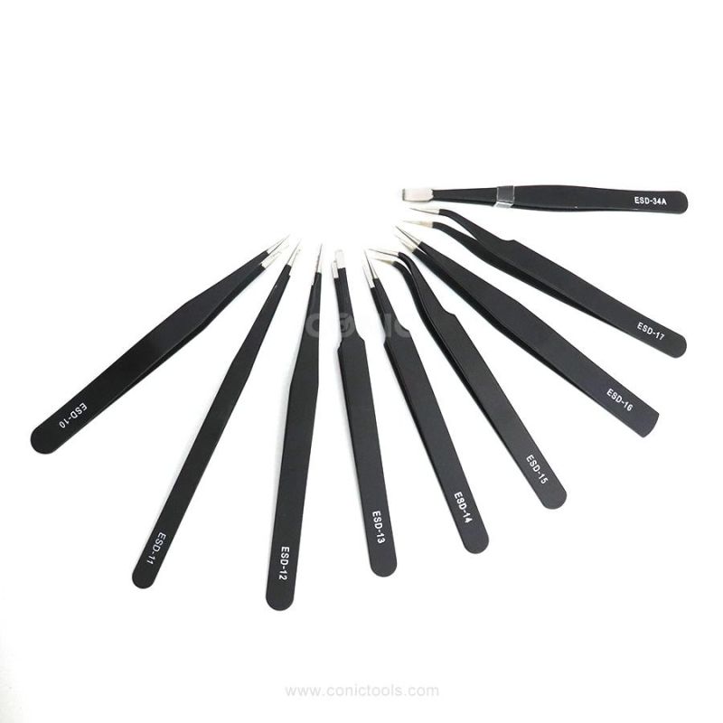 Stainless Steel Tweezers Pointed Elbow Head ESD Precision Tweezers 9PC Canvas Bag ESD Tweezers Set