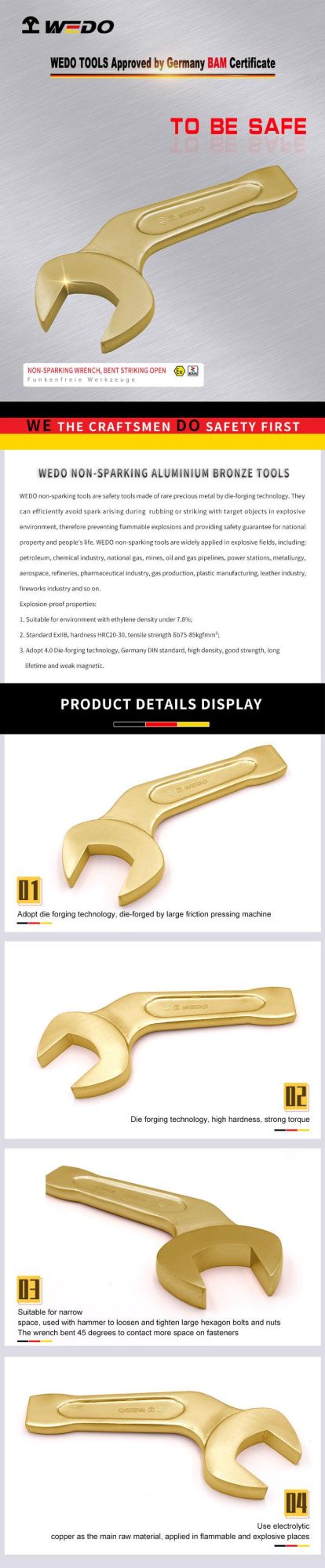 WEDO Aluminum Bronze Wrench Non-Sparking 45 Degree Bent Striking/Slogging Open Spanner