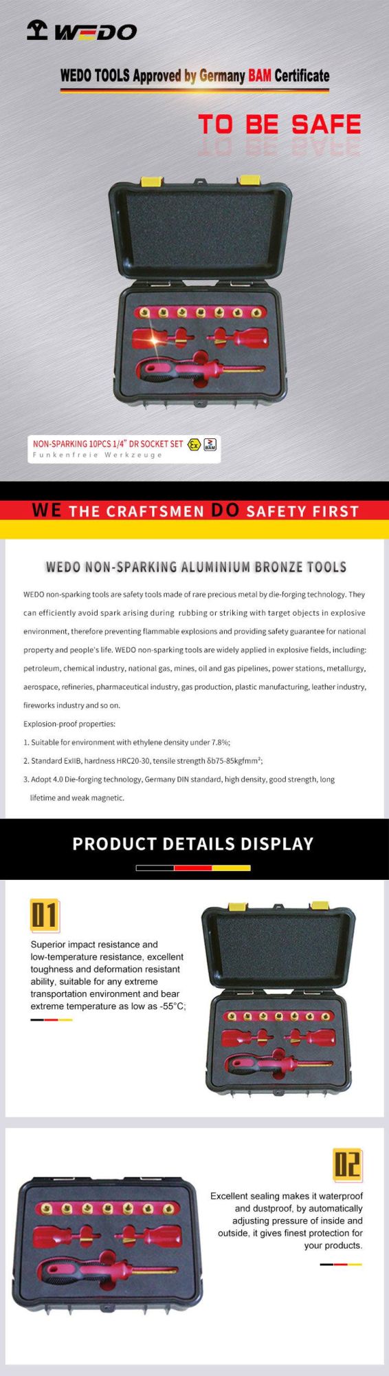 Wedo Non-Sparking 1/4” Dr Socket Set-10PCS