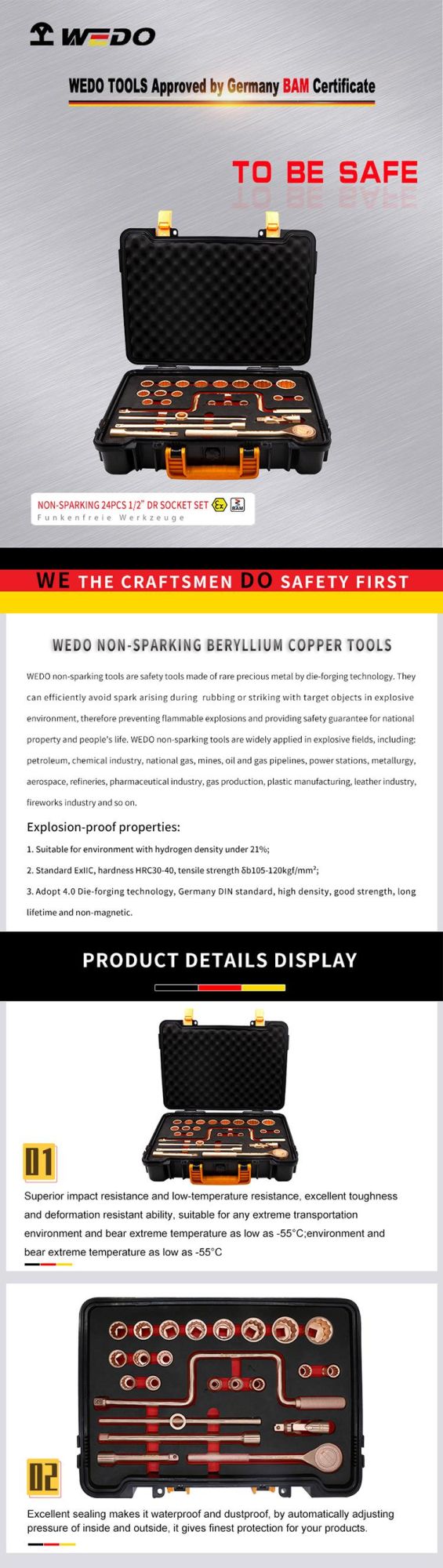 Wedo Non Sparking Beryllium Copper 1/2” Dr Socket Set-24PCS