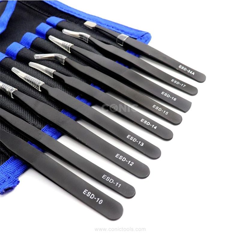 Stainless Steel Tweezers Pointed Elbow Head ESD Precision Tweezers 9PC Canvas Bag ESD Tweezers Set