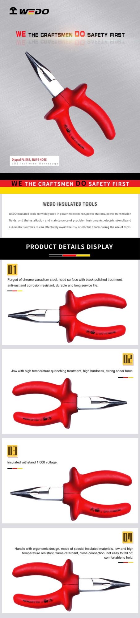 Wedo High Quality Insulated Snipe Nose Dipped Pliers