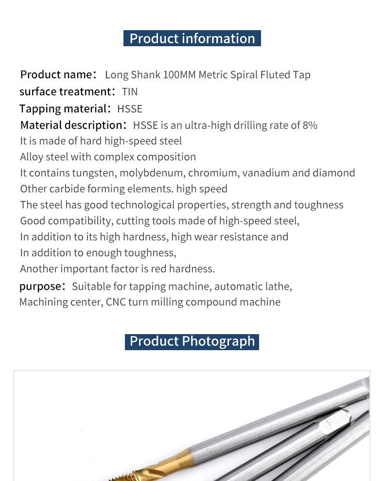 Hsse-M35 Long Shank 100mm with Tin Spiral Fluted Taps M1.6 M2 M2.5 M2.6 M3 M3.5 M4 M5 M6 M8 M10 M12 Machine Screw Thread Tap