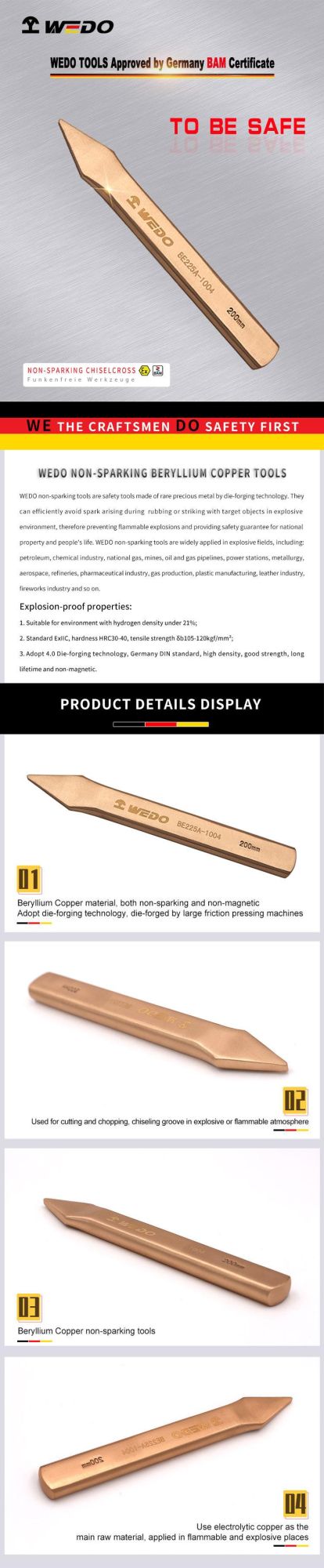 Wedo Beryllium Copper Non-Sparking Flat Cross Cutting Chisel