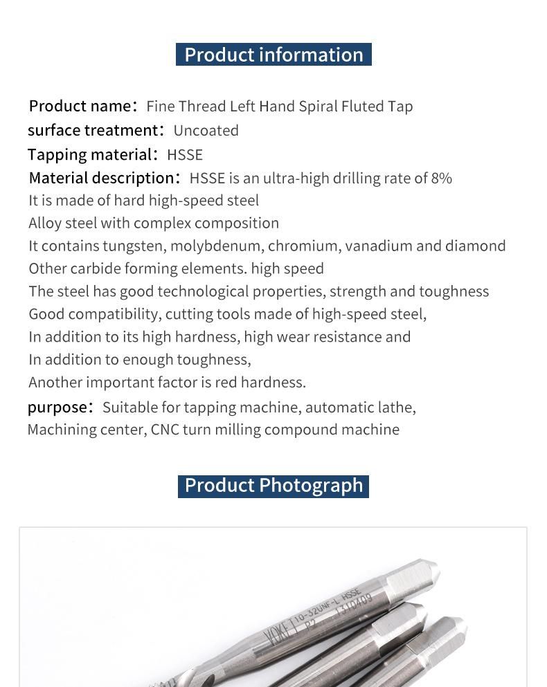 Hsse-M35 JIS Left Hand Spiral Fluted Taps Unf 10-32L 1/4-28L 1/4-32L 5/16-24L 3/8-24L 1/2-20L Machine Screw Thread Tap