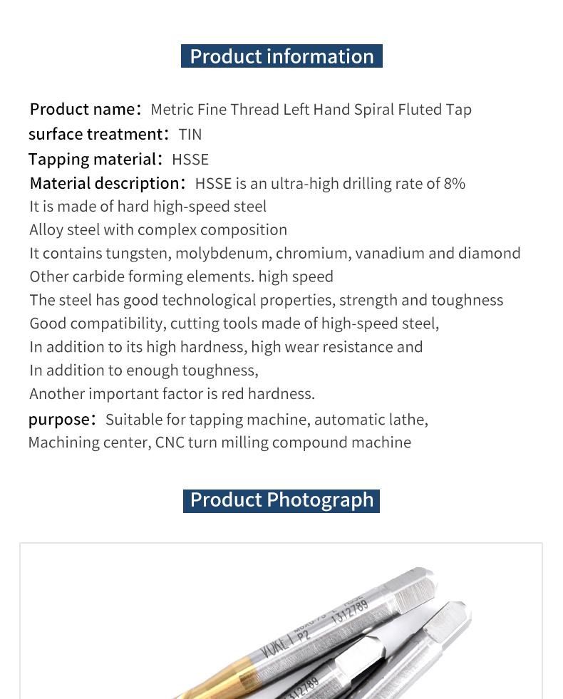 Hsse-M35 JIS Left Hand with Tin Spiral Fluted Taps Unf 10-32L 1/4-28L 1/4-32L 5/16-24L 3/8-24L 1/2-20L Machine Thread Screw Tap