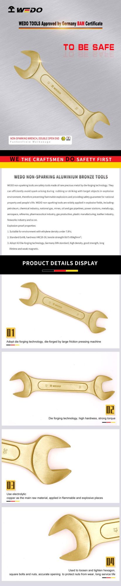 WEDO Aluminium Bronze Non-Sparking Wrench Spark-Free Safety Double Open End Spanner