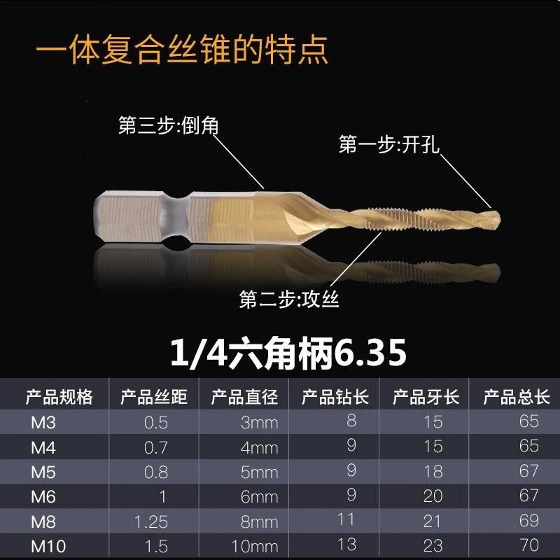 HSS Machine Taps Titanium-Plated Three-in-One Cutting Tools Drilling and Chamfering M10*1.5